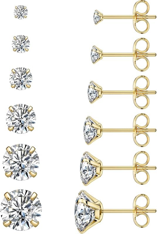 6 Pairs Hypoallergenic Stainless Steel Cubic Zirconia Stud Earrings Set