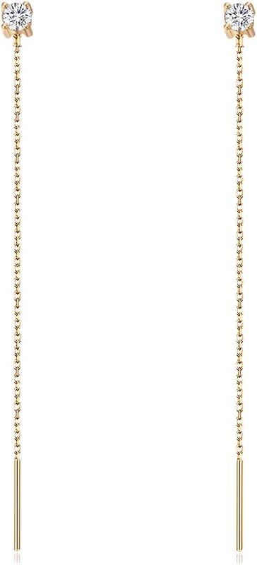 S.Leaf Gold Chain Threader Earrings 925 Sterling Silver Cubic Zirconia