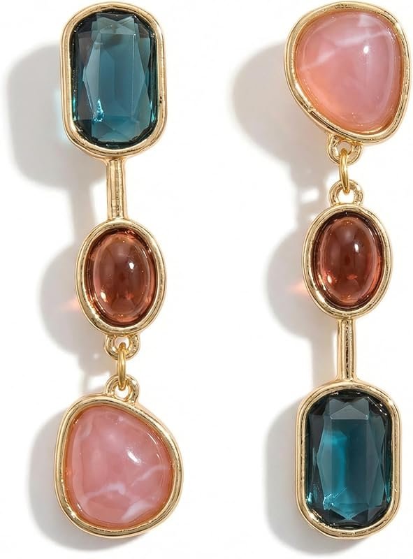 Three Layered Synthetic Gemstone Dangle Earrings