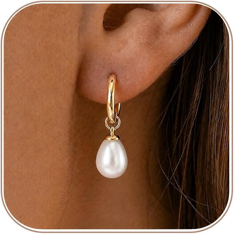 Gold Pearl Drop Huggie Hoops