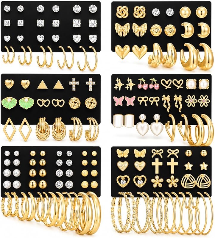 81 Pairs Gold Stud Earrings Set