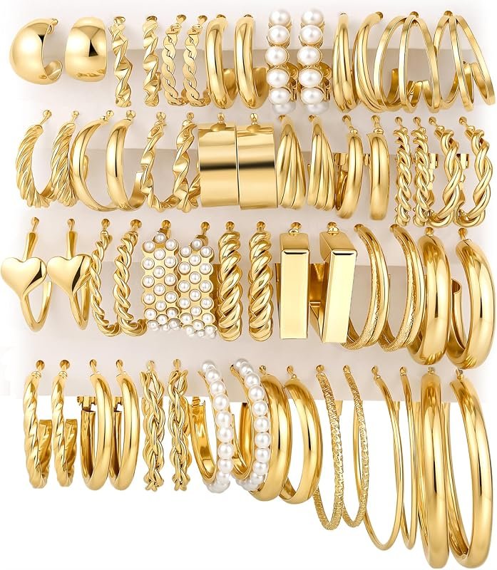 30 Pairs Gold Hoop Earrings Set